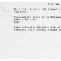 Index card with typed and handwritten information, sometimes including a sketch, of pottery from an excavation.
