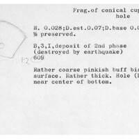 Index card with typed and handwritten information, sometimes including a sketch, of pottery from an excavation.