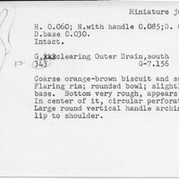 Index card with typed and handwritten information, sometimes including a sketch, of pottery from an excavation.