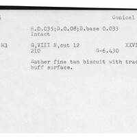 Index card with typed and handwritten information, sometimes including a sketch, of pottery from an excavation.