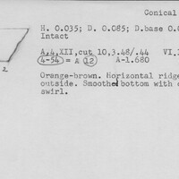 Index card with typed and handwritten information, sometimes including a sketch, of pottery from an excavation.