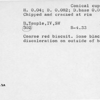 Index card with typed and handwritten information, sometimes including a sketch, of pottery from an excavation.