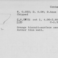 Index card with typed and handwritten information, sometimes including a sketch, of pottery from an excavation.
