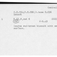 Index card with typed and handwritten information, sometimes including a sketch, of pottery from an excavation.