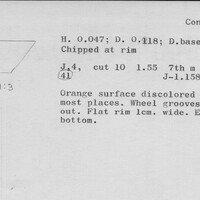 Index card with typed and handwritten information, sometimes including a sketch, of pottery from an excavation.