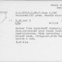 Index card with typed and handwritten information, sometimes including a sketch, of pottery from an excavation.