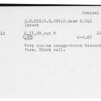 Index card with typed and handwritten information, sometimes including a sketch, of pottery from an excavation.