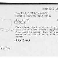 Index card with typed and handwritten information, sometimes including a sketch, of pottery from an excavation.