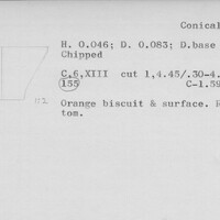 Index card with typed and handwritten information, sometimes including a sketch, of pottery from an excavation.