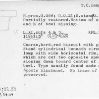 Index card with typed and handwritten information, sometimes including a sketch, of pottery from an excavation.