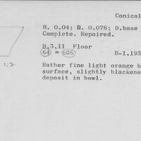 Index card with typed and handwritten information, sometimes including a sketch, of pottery from an excavation.