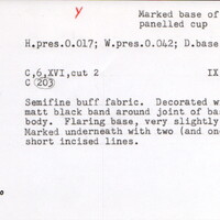 Index card with typed and handwritten information, sometimes including a sketch, of pottery from an excavation.