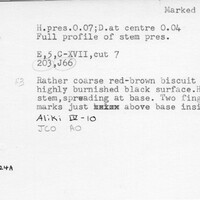 Index card with typed and handwritten information, sometimes including a sketch, of pottery from an excavation.