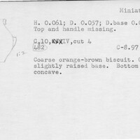 Index card with typed and handwritten information, sometimes including a sketch, of pottery from an excavation.