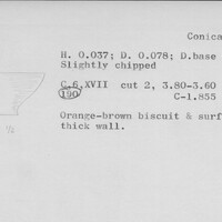 Index card with typed and handwritten information, sometimes including a sketch, of pottery from an excavation.