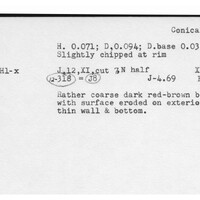 Index card with typed and handwritten information, sometimes including a sketch, of pottery from an excavation.