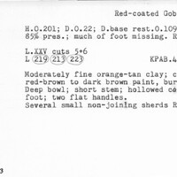 Index card with typed and handwritten information, sometimes including a sketch, of pottery from an excavation.