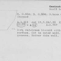 Index card with typed and handwritten information, sometimes including a sketch, of pottery from an excavation.