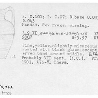 Index card with typed and handwritten information, sometimes including a sketch, of pottery from an excavation.