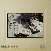 Two photos showcase different scenes: one with a large rock formation and another with a person standing near it, both captured on film.