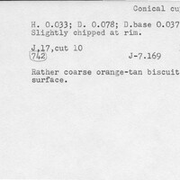 Index card with typed and handwritten information, sometimes including a sketch, of pottery from an excavation.