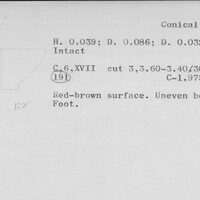 Index card with typed and handwritten information, sometimes including a sketch, of pottery from an excavation.