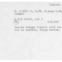 Index card with typed and handwritten information, sometimes including a sketch, of pottery from an excavation.