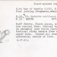 Index card with typed and handwritten information, sometimes including a sketch, of pottery from an excavation.