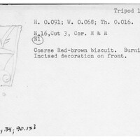 Index card with typed and handwritten information, sometimes including a sketch, of pottery from an excavation.