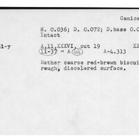 Index card with typed and handwritten information, sometimes including a sketch, of pottery from an excavation.