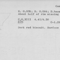 Index card with typed and handwritten information, sometimes including a sketch, of pottery from an excavation.