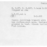 Index card with typed and handwritten information, sometimes including a sketch, of pottery from an excavation.