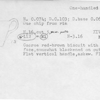 Index card with typed and handwritten information, sometimes including a sketch, of pottery from an excavation.