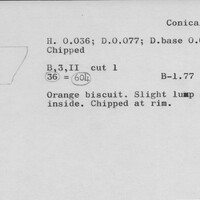 Index card with typed and handwritten information, sometimes including a sketch, of pottery from an excavation.