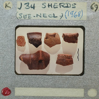 A collection of small, brown clay objects displayed on a white surface with labels and numbers.