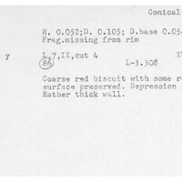 Index card with typed and handwritten information, sometimes including a sketch, of pottery from an excavation.
