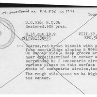 Index card with typed and handwritten information, sometimes including a sketch, of pottery from an excavation.