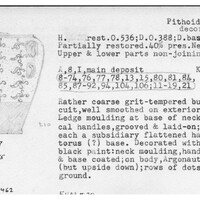 Index card with typed and handwritten information, sometimes including a sketch, of pottery from an excavation.