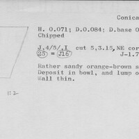 Index card with typed and handwritten information, sometimes including a sketch, of pottery from an excavation.