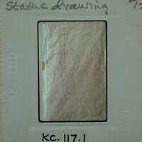 A vintage photograph of a mannequin with clothing on display, encased in a protective cover labeled "STATUE DRAWING".