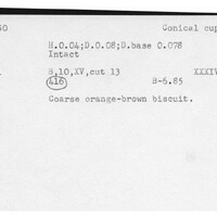 Index card with typed and handwritten information, sometimes including a sketch, of pottery from an excavation.