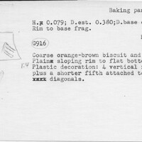 Index card with typed and handwritten information, sometimes including a sketch, of pottery from an excavation.