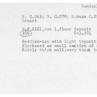 Index card with typed and handwritten information, sometimes including a sketch, of pottery from an excavation.