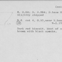 Index card with typed and handwritten information, sometimes including a sketch, of pottery from an excavation.