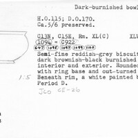 Index card with typed and handwritten information, sometimes including a sketch, of pottery from an excavation.