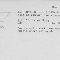 Index card with typed and handwritten information, sometimes including a sketch, of pottery from an excavation.