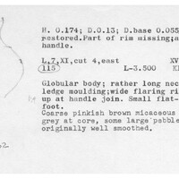 Index card with typed and handwritten information, sometimes including a sketch, of pottery from an excavation.