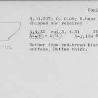 Index card with typed and handwritten information, sometimes including a sketch, of pottery from an excavation.