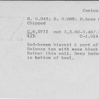 Index card with typed and handwritten information, sometimes including a sketch, of pottery from an excavation.