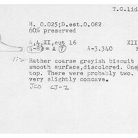 Index card with typed and handwritten information, sometimes including a sketch, of pottery from an excavation.